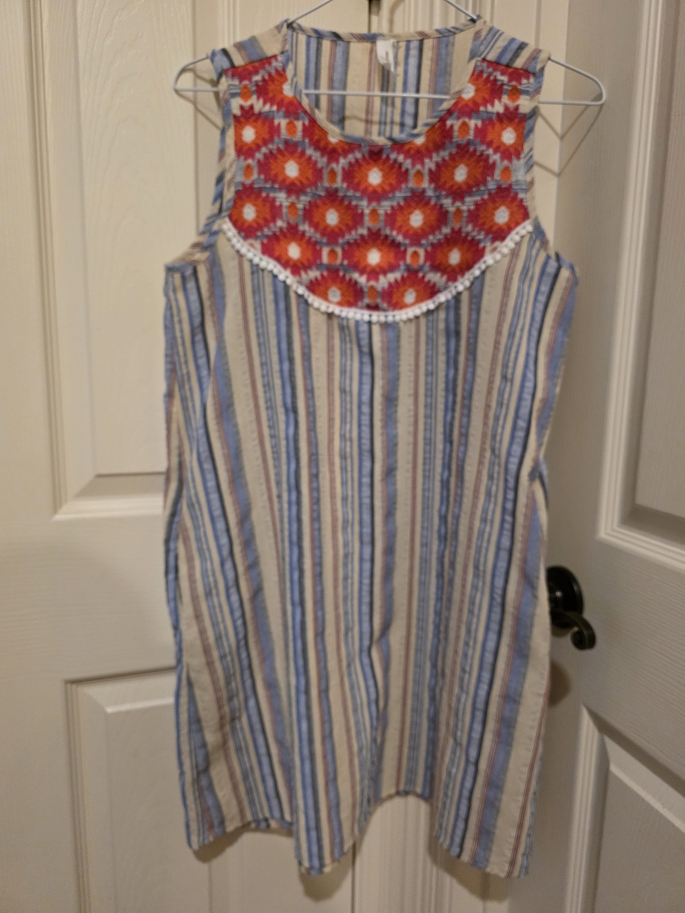 Striped Sleeveless Dress with Red Embroidered Yoke
